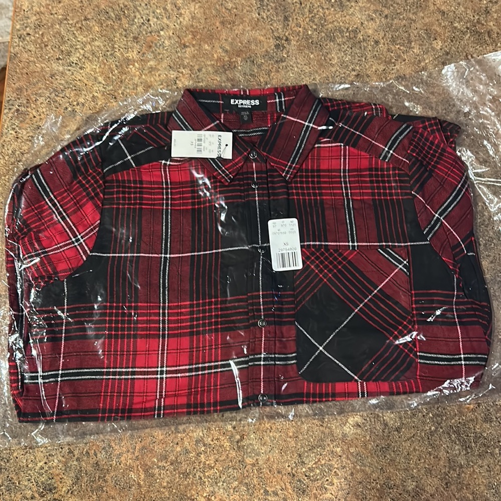 Express Plaid Flannel Button Down Snap Shirt, red and black, XS